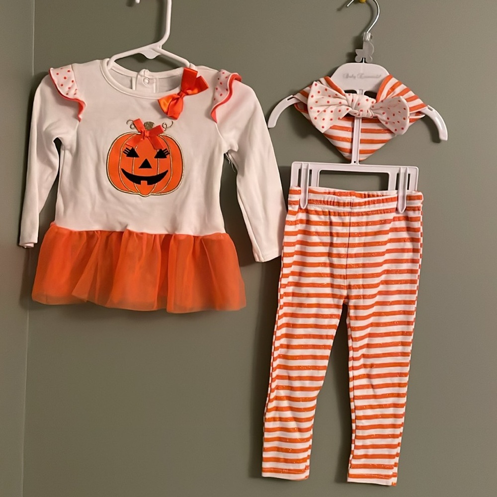 Baby Essentials Set of pumpkin Tunic, striped leggings and Headband. Size 18M